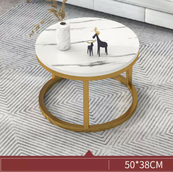 熱推簡約圓桌茶幾（白色大理石紋+金色架）【尺寸：長50cm*寬50cm*高38cm】