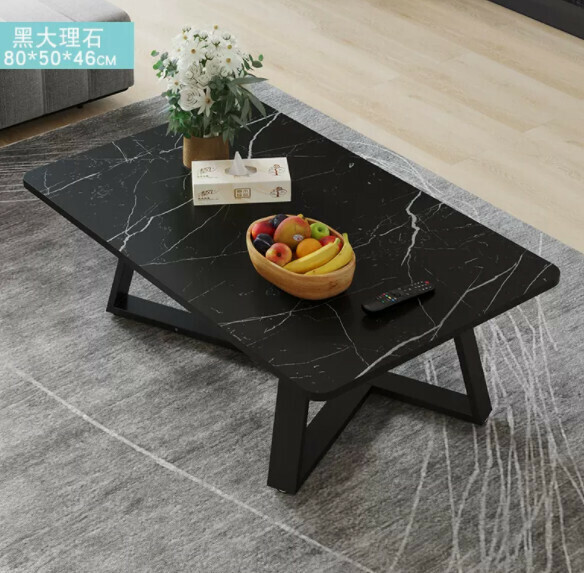 熱推長方形簡易茶幾（大理石紋-黑色）【尺寸：長80*寬50*高46cm】