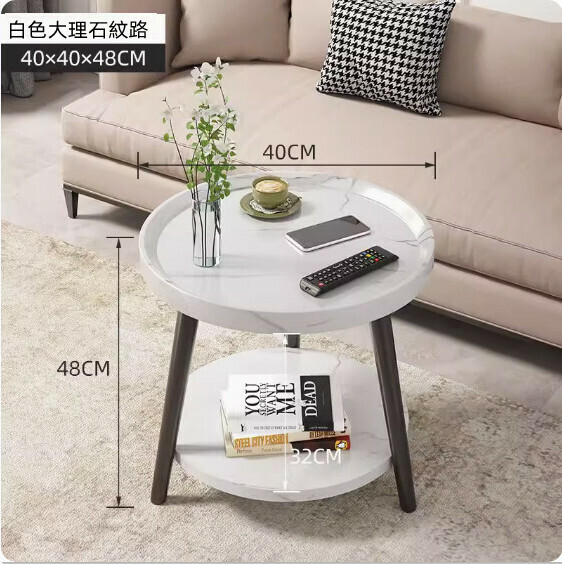 Popular density board coffee table for small apartments (double-layer white marble texture) (size: 40*40*48cm)
