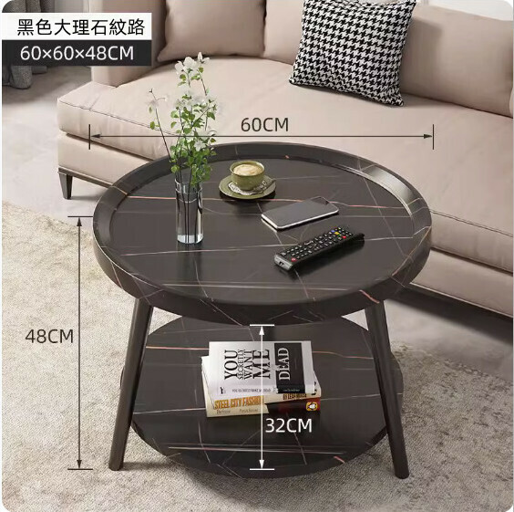 Popular density board coffee table for small apartments (double-layer black marble texture) (size: 60*60*48cm)