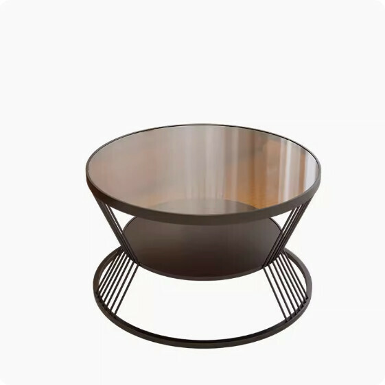 Popular round double-layer glass coffee table (black frame-brown tempered glass) [size: diameter 70cm high 45cm]