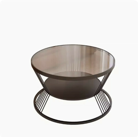 Popular round double-layer glass coffee table (black frame-gray tempered glass) [size: diameter 80cm high 45cm]