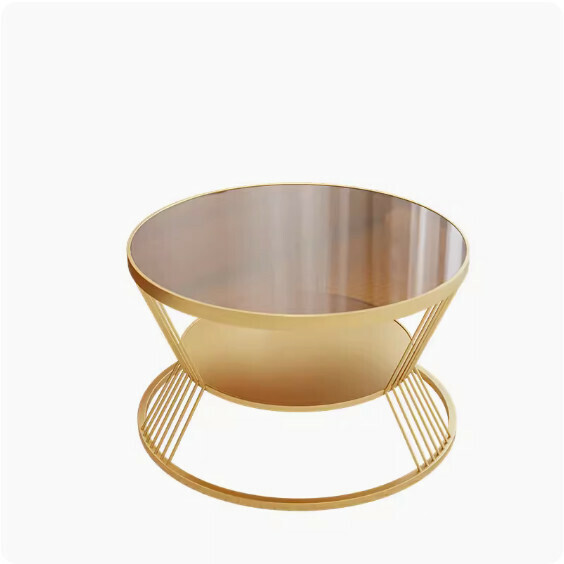 Popular round double-layer glass coffee table (gold frame-brown tempered glass) [size: diameter 80cm high 45cm]