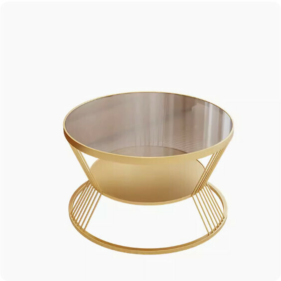 Popular round double-layer glass coffee table (gold frame-gray tempered glass) [size: diameter 60cm high 45cm]