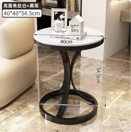 Popular light luxury Italian slate coffee table (black frame: diameter 40cm [glossy fish belly white])