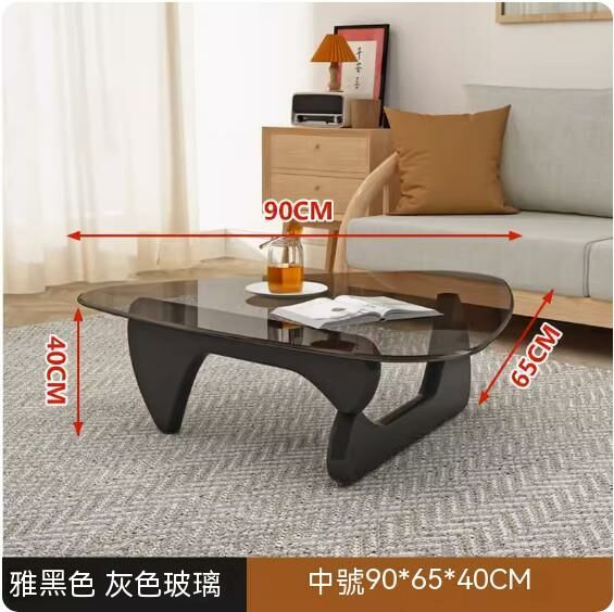 爆款玻璃三角形茶几【水滴型（灰色玻璃+雅黑實木腿）】【尺寸：90*65*40cm】