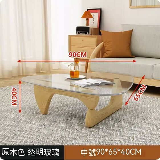 爆款玻璃三角形茶几【水滴型(透明玻璃+原木實木腿)】【尺寸：90*65*40cm】