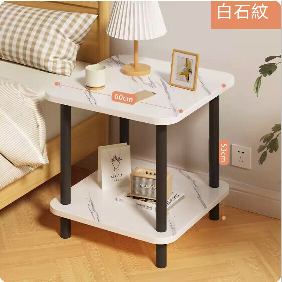 New density board simple double-layer black leg coffee table (white stone pattern) [size: 60*60*53cm]