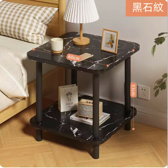 New density board simple double-layer black leg coffee table (black stone pattern) [size: 60*60*53cm]