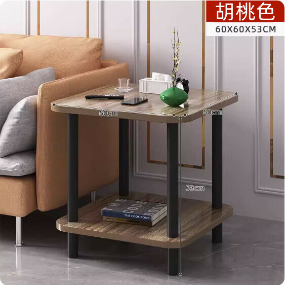 New density board simple double-layer black leg coffee table (walnut color) [size: 60*60*53cm]