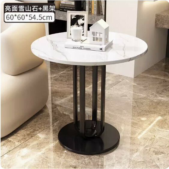 New slate Italian coffee table [snow mountain stone (bright surface) + black frame] [size: 60*60*54.3cm]