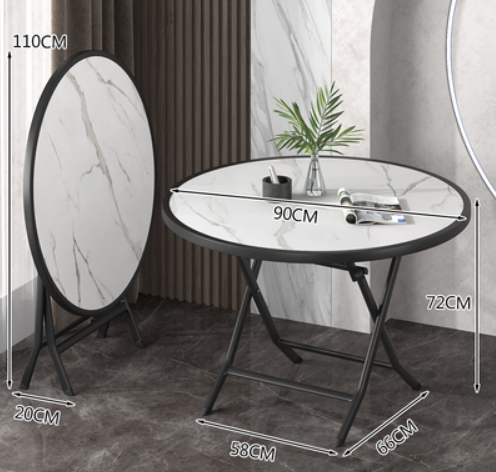 New round folding dining table for small households (white marble pattern) (size: unfolded 90*72*58*66CM, folded 110*20CM)