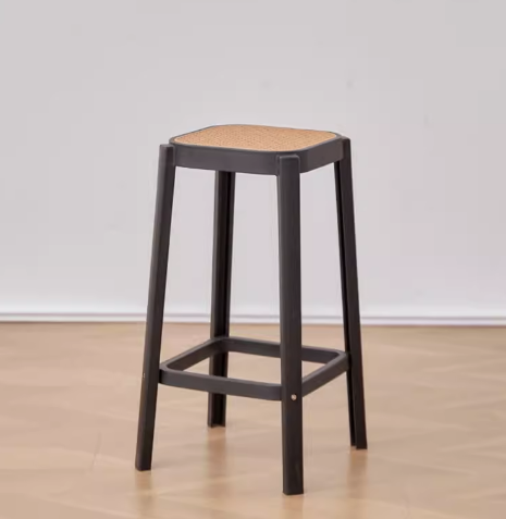 新款簡約塑料仿籐編高腳凳(黑+棕芯)(尺寸:坐寬30CM,坐高65CM)