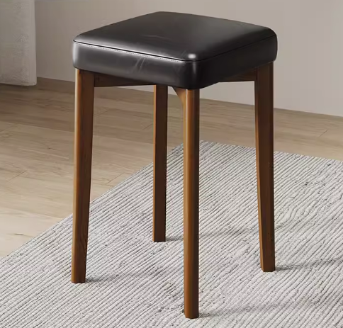 Hot selling comfortable solid wood soft-covered square bench (black-oiled wax leather + walnut legs) (size: 44*30CM)