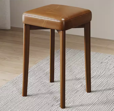 Hot selling comfortable solid wood soft-covered square bench (dark coffee-oiled wax leather + walnut legs) (size: 44*30CM)