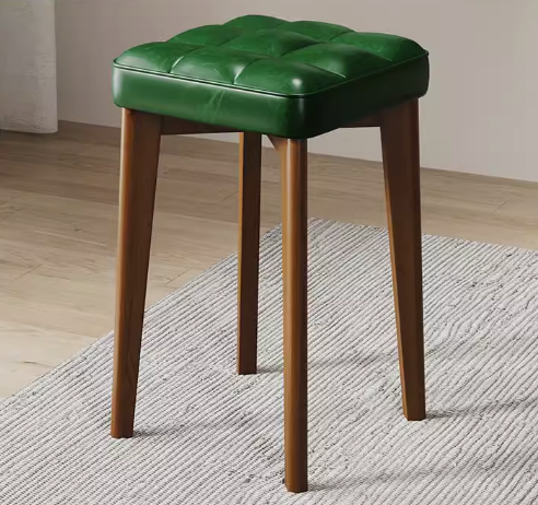 Hot selling comfortable solid wood soft-covered square bench (dark green-oiled wax leather + walnut legs) (size: 44*30CM)
