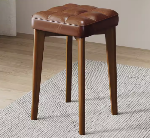 Hot selling comfortable solid wood soft-covered square bench (dark coffee-oiled wax leather + walnut legs) (size: 44*30CM)