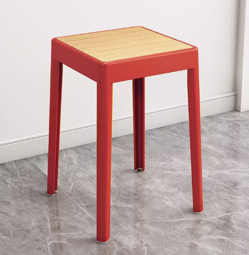 熱賣簡約加厚塑料方形凳子(紅色【木紋坐面】)(尺寸:高46CM,坐寬29CM)