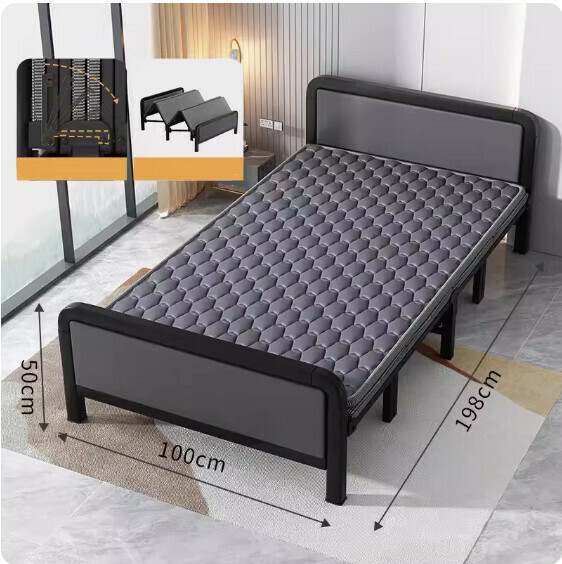 Hot selling simple folding bed ([thick square tube soft package model] classic black + dual-purpose ice silk mattress) [size: length 198*width 100cm]