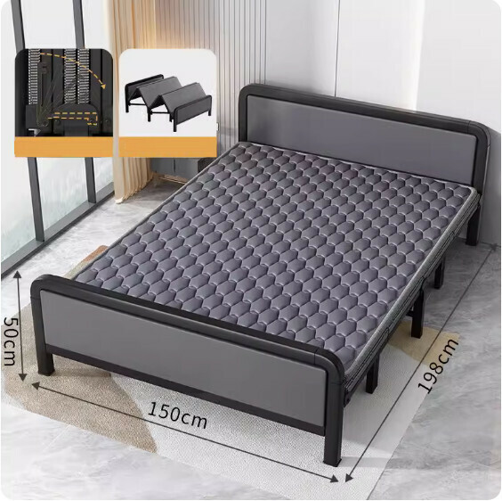 Hot selling simple folding bed ([thick square tube soft package model] classic black + dual-purpose ice silk mattress) [size: length 198*width 150cm]