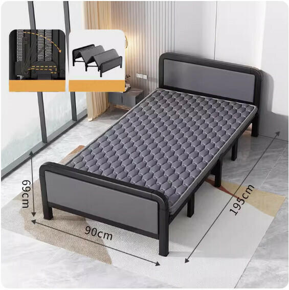 Hot selling simple folding bed ([thick square tube soft package model] classic black + dual-purpose ice silk mattress) [size: length 195*width 90cm]