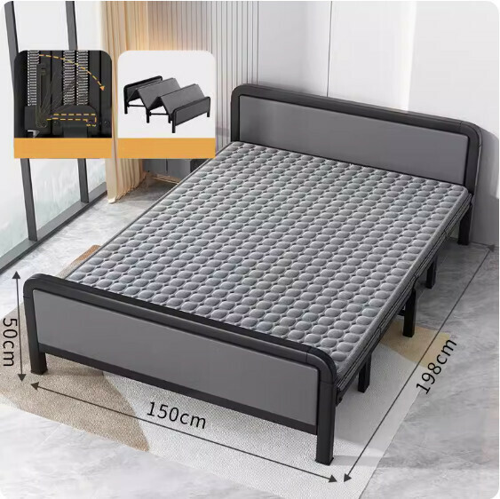 Hot selling simple folding bed ([thick square tube soft bag] classic black + comfortable flannel mattress) [size: length 198*width 150cm]
