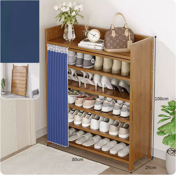 New foldable shoe cabinet (walnut color) (dark blue 6 layers - length 80cm)