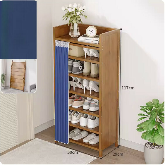 New foldable shoe cabinet (walnut color) (dark blue 7 layers - length 50cm)