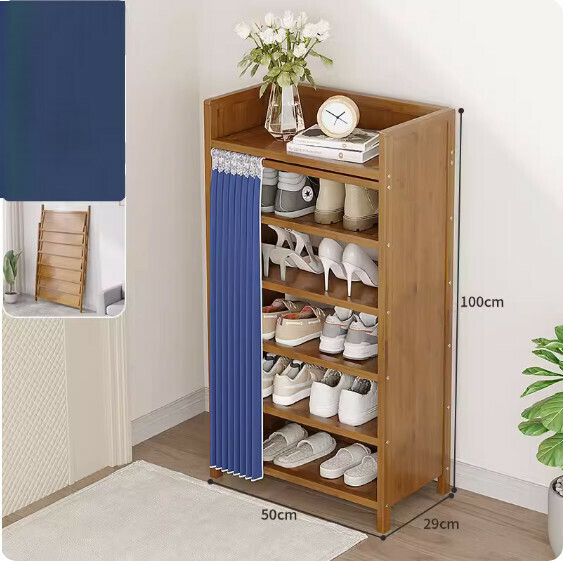 New foldable shoe cabinet (walnut color) (dark blue 6 layers - length 50cm)