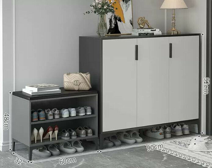 Hot-selling light luxury shoe cabinet for home entrance and entrance hall ([Italian three-door combination] Starry sky and bright moon gray + white door + shoe changing stool)
