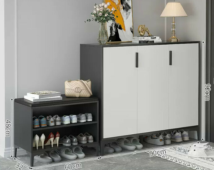 Hot-selling light luxury shoe cabinet for home entrance and entrance hall ([Italian three-door combination] Starry sky and bright moon gray + white door + shoe changing stool)