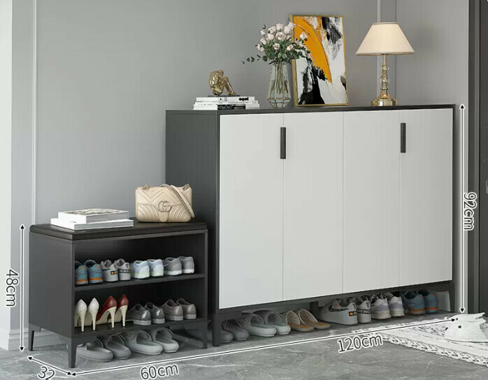Hot-selling light luxury shoe cabinet for home entrance and entrance hall ([Italian combination four-door style] Starry sky and bright moon gray + white door + shoe changing stool)