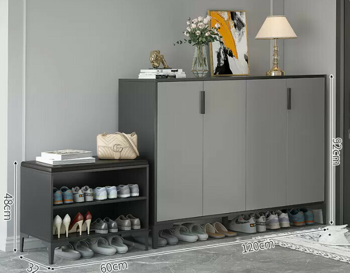 Hot-selling light luxury shoe cabinet for home entrance and entrance hall ([Italian combination four-door style] Starry sky and bright moon gray + gray door + shoe changing stool)