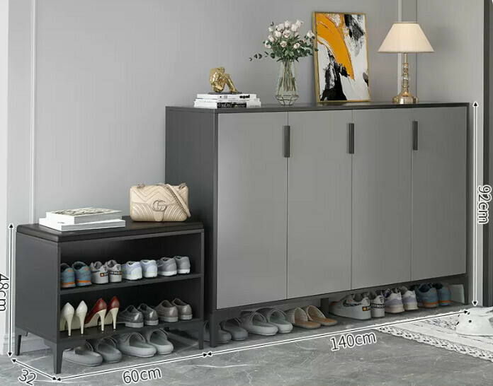 Hot-selling light luxury shoe cabinet for home entrance and entrance hall ([Italian combination four-door style] Starry sky and bright moon gray + gray door + shoe changing stool)