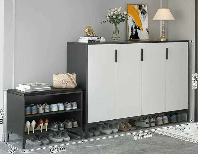 Hot-selling light luxury shoe cabinet for home entrance and entrance hall ([Italian combination four-door style] Starry sky and bright moon gray + white door + shoe changing stool)