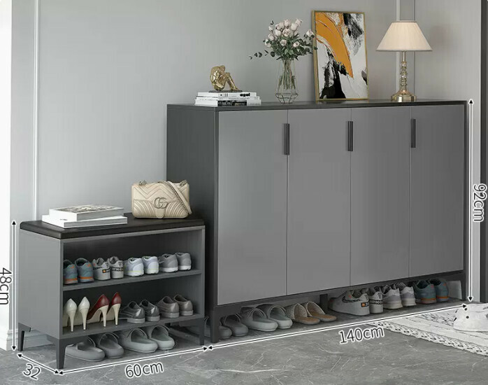 Hot-selling light luxury shoe cabinet for home entrance and entrance hall ([Italian combination four-door style] Starry sky and bright moon gray + gray door + shoe changing stool)