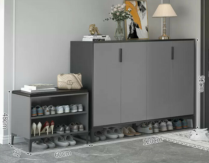 Hot-selling light luxury shoe cabinet for home entrance and entrance hall ([Italian combination four-door style] Starry sky and bright moon gray + gray door + shoe changing stool)