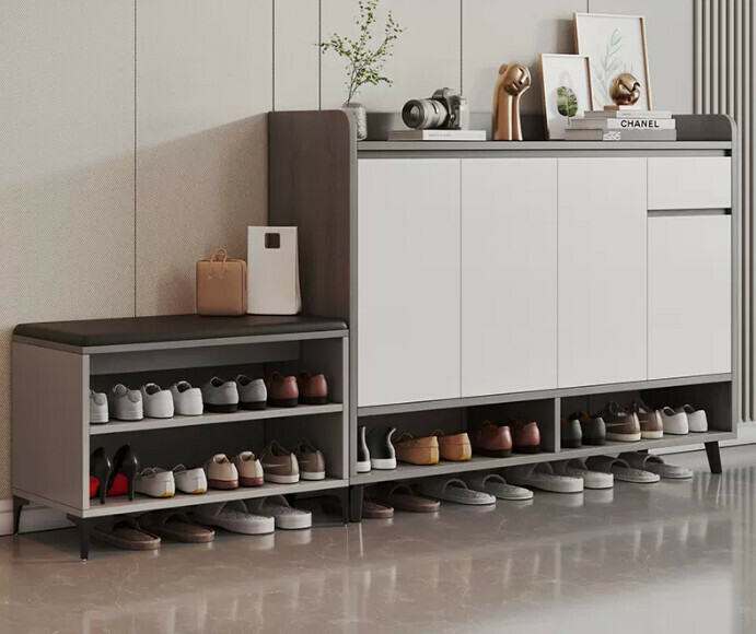 Hot selling light luxury shoe cabinet home entrance entrance cabinet ([four doors and one drawer combination] Morandi wood grain gray + white door 180*32*100cm)