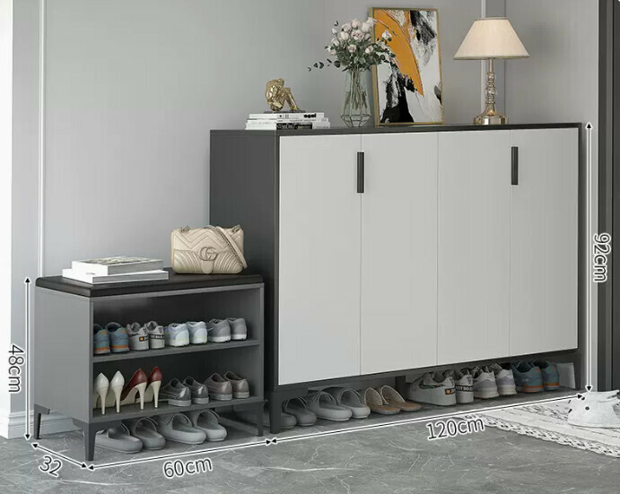 Hot-selling light luxury shoe cabinet for home entrance and entrance hall ([Italian combination four-door style] Starry sky and bright moon gray + white door + shoe changing stool)