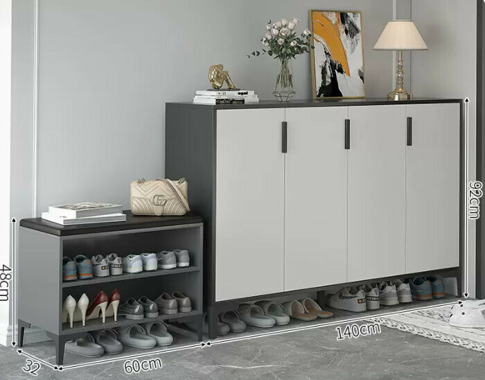 Hot-selling light luxury shoe cabinet for home entrance and entrance hall ([Italian combination four-door style] Starry sky and bright moon gray + white door + shoe changing stool)