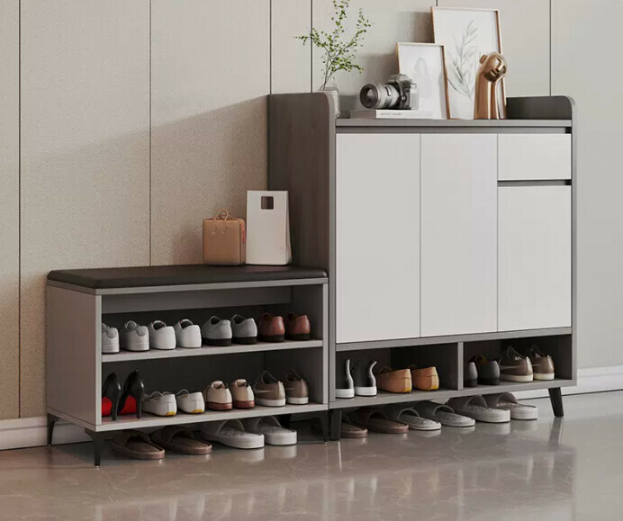 Hot selling light luxury shoe cabinet home entrance entrance cabinet ([three doors and one drawer combination] Morandi wood grain gray + white door 140*32*100cm)