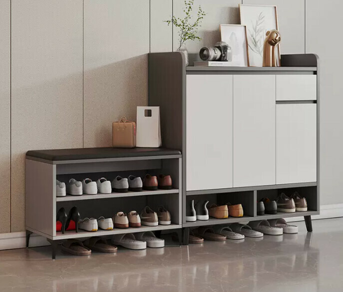 Hot selling light luxury shoe cabinet home entrance entrance cabinet ([three doors and one drawer combination] Italian light luxury gray + white door 140*32*100cm)