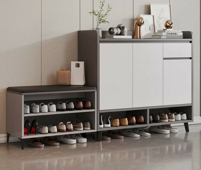 Hot selling light luxury shoe cabinet home entrance entrance cabinet ([three doors and one drawer combination] Italian light luxury gray + white door 160*32*100cm)