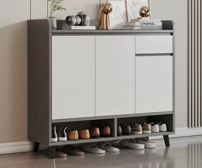 Hot selling light luxury shoe cabinet home entrance entrance cabinet ([board upgrade] [three doors and one draw] Italian light luxury gray 100*32*100cm)