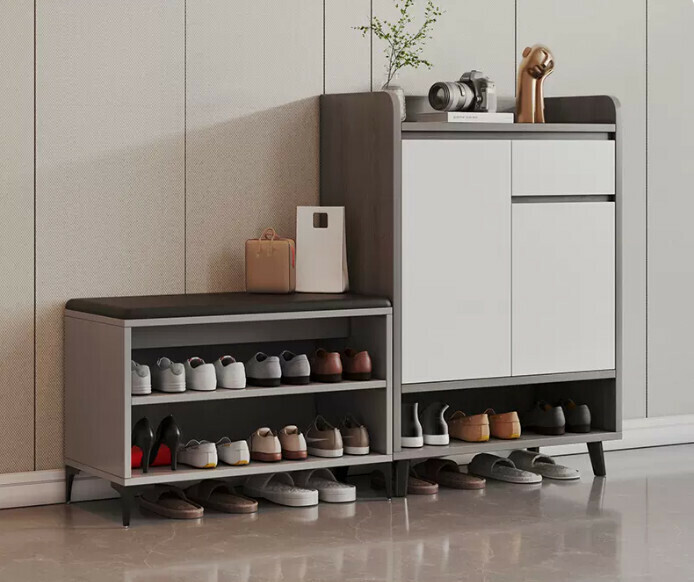 Hot selling light luxury shoe cabinet home entrance entrance cabinet ([two doors and one drawer combination] Morandi wood grain gray + white door 120*32*100cm)