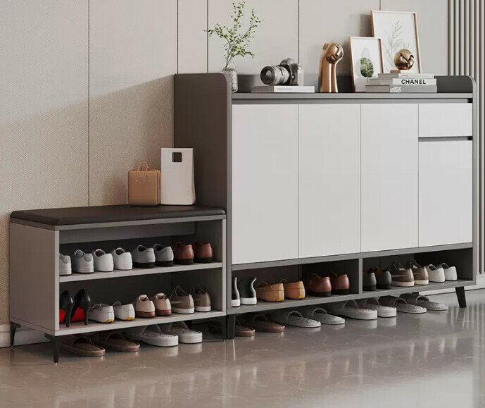 Hot selling light luxury shoe cabinet home entrance entrance cabinet ([four doors and one drawer combination] Italian light luxury gray + white door 180*32*100cm)