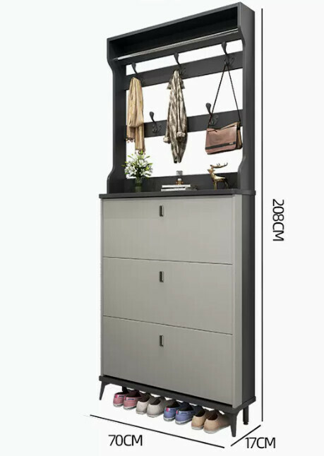 Hot selling light luxury flip shoe cabinet entry entrance cabinet ([single layer with hanger model] double gray 70*17*208cm)