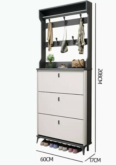 Hot selling light luxury flip shoe cabinet entry entrance cabinet ([single layer with hanger model] double gray white 60*17*208cm)