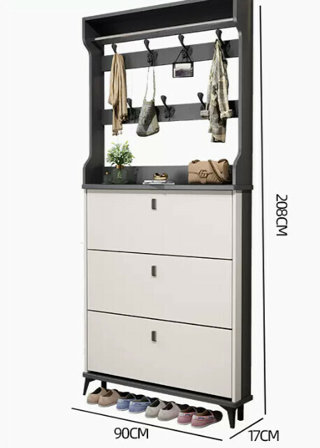 Hot selling light luxury flip shoe cabinet entry entrance cabinet ([single layer with hanger model] double gray white 90*17*208cm)
