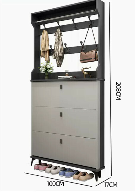 Hot selling light luxury flip shoe cabinet entry entrance cabinet ([single layer with hanger model] double gray 100*17*208cm)